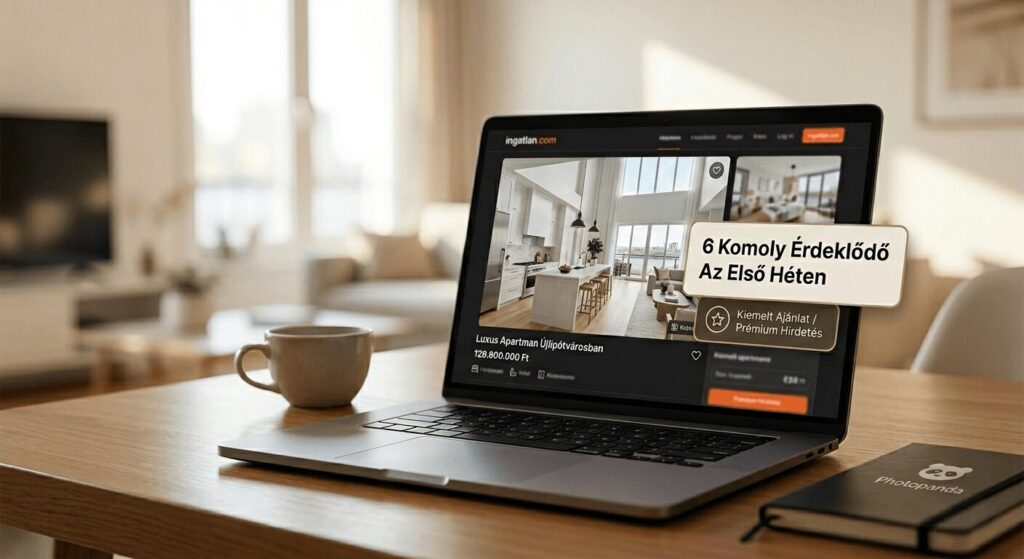 asztalon lévő laptop, amin egy ingatlan hirdetést néznek